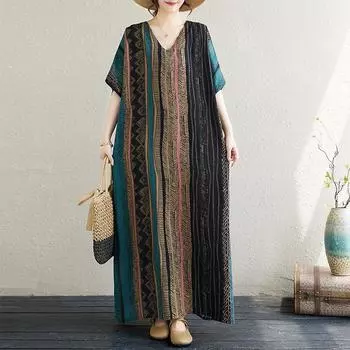 Dimanaf 2024 Платье больших размеров, новое летнее винтажное базовое женское платье в полоску с коротким рукавом, длинное льняное платье с v-образным вырезом