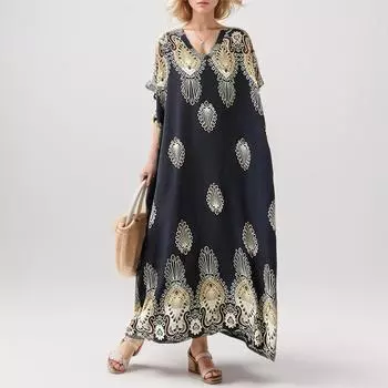 Dimanaf 2024 платье больших размеров, летнее женское винтажное платье с v-образным вырезом, праздничное, с короткими рукавами, свободное, новое богемное длинное платье One Size чёрный