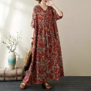 Dimanaf 2024 Платье больших размеров, новое летнее винтажное базовое женское платье с цветочным принтом, длинное льняное платье с коротким рукавом и v-образным вырезом