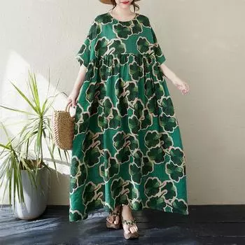 DIMANAF 2024 Платье больших размеров Новое летнее базовое свободное женское винтажное платье с круглым вырезом и коротким рукавом большого размера для пляжа Длинное платье One Size зелёный