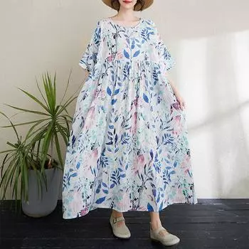 DIMANAF 2024 Платье больших размеров Новое летнее базовое свободное женское винтажное платье с круглым вырезом и коротким рукавом большого размера для пляжа Длинное платье One Size синий