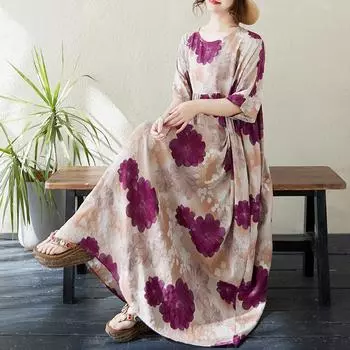 DIMANAF 2024 Платье больших размеров Новое летнее базовое свободное женское винтажное платье с круглым вырезом и коротким рукавом большого размера для пляжа Длинное платье One Size фиолетовый