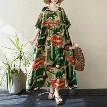 DIMANAF 2024 Платье больших размеров Новое летнее базовое свободное женское винтажное платье с круглым вырезом и коротким рукавом большого размера для пляжа Длинное платье One Size зелёный