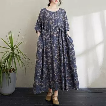 DIMANAF 2024 Платье больших размеров Новое летнее базовое свободное женское винтажное платье с круглым вырезом и коротким рукавом большого размера для пляжа Длинное платье One Size синий