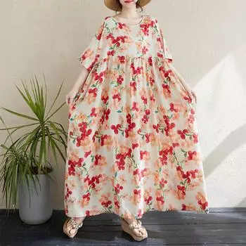 DIMANAF 2024 Платье больших размеров Новое летнее базовое свободное женское винтажное платье с круглым вырезом и коротким рукавом большого размера для пляжа Длинное платье One Size