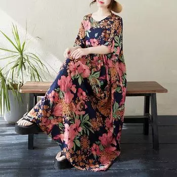 DIMANAF 2024 Платье больших размеров Новое летнее базовое свободное женское винтажное платье с круглым вырезом и коротким рукавом большого размера для пляжа Длинное платье One Size