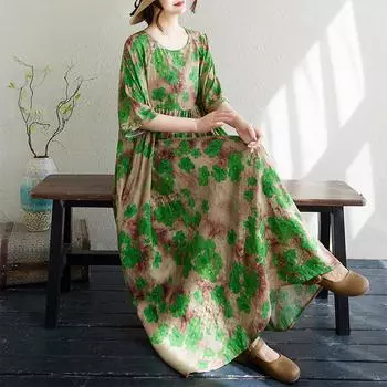DIMANAF 2024 Платье больших размеров Новое летнее базовое свободное женское винтажное платье с круглым вырезом и коротким рукавом большого размера для пляжа Длинное платье One Size зелёный