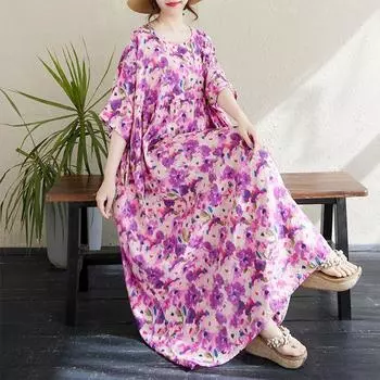 DIMANAF 2024 Платье больших размеров Новое летнее базовое свободное женское винтажное платье с круглым вырезом и коротким рукавом большого размера для пляжа Длинное платье One Size