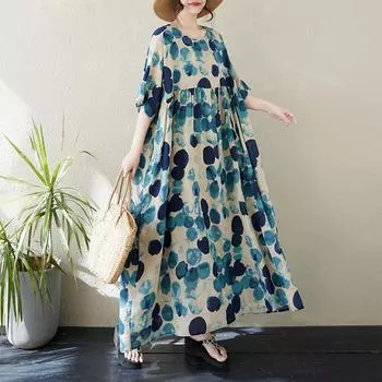 DIMANAF 2024 Платье больших размеров Новое летнее базовое свободное женское винтажное платье с круглым вырезом и коротким рукавом большого размера для пляжа Длинное платье One Size синий