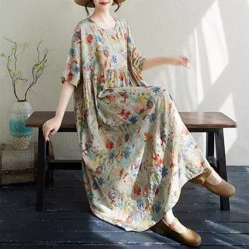 DIMANAF 2024 Платье больших размеров Новое летнее базовое свободное женское винтажное платье с круглым вырезом и коротким рукавом большого размера для пляжа Длинное платье One Size