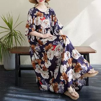 DIMANAF 2024 Платье больших размеров Новое летнее базовое свободное женское винтажное платье с круглым вырезом и коротким рукавом большого размера для пляжа Длинное платье One Size