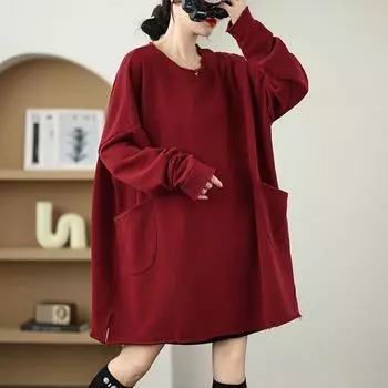 DIMANAF 2024 Плюс Размер Длинная Осенняя Большая Футболка Женская Однотонная Супер Длинные Рукава Свободная Красная Карманы Футболка Летучая Мышь One Size чёрный