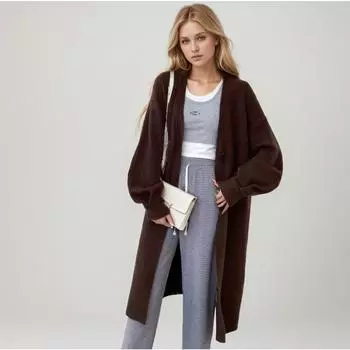 DIMANAF 2024 Плюс Размер Кардиган Свитер Пальто Базовый Осенний Женский Однотонный Длинный Куртка Большого Размера Вязание Оверсайз Повседневный Свободный Свитер