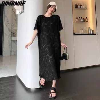 DIMANAF 2024 плюс размер летнее кружевное платье женское длинное платье с круглым вырезом повседневное свободное винтажное модное элегантное женское черное платье
