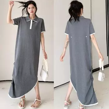 DIMANAF 2024 плюс размер летнее платье-футболка с коротким рукавом повседневное женское длинное свободное хлопковое винтажное модное платье нестандартного дизайна XL серый