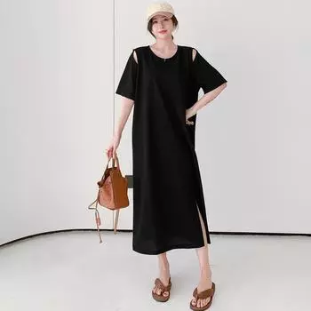 DIMANAF 2024 плюс размер летнее платье-футболка с коротким рукавом повседневное женское хлопковое винтажное базовое черное свободное модное платье миди с разрезом