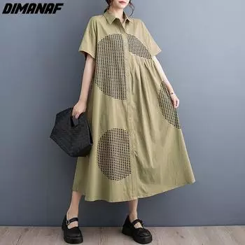 DIMANAF 2024 плюс размер летнее платье-рубашка женское хлопковое свободное платье винтажный стиль повседневные платья с принтом