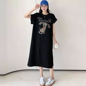 DIMANAF 2024 плюс размер летнее платье-футболка с короткими рукавами повседневное женское длинное свободное хлопковое винтажное модное платье с разрезом