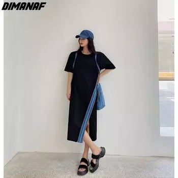 DIMANAF 2024 плюс размер летнее платье-рубашка с коротким рукавом черное повседневное женское свободное хлопковое модное длинное платье с круглым вырезом