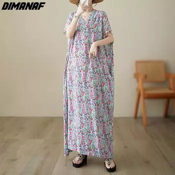 DIMANAF 2024 плюс размер летнее пляжное длинное платье женское с v-образным вырезом с цветочным принтом праздничное модное повседневное свободное платье с короткими рукавами