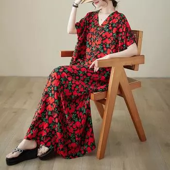 DIMANAF 2024 плюс размер летнее пляжное длинное платье женское с v-образным вырезом и цветочным принтом праздничное модное повседневное свободное платье с короткими рукавами 678 One Size