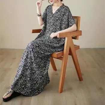 DIMANAF 2024 плюс размер летнее пляжное длинное платье женское с v-образным вырезом и цветочным принтом праздничное модное повседневное свободное платье с короткими рукавами 677 One Size