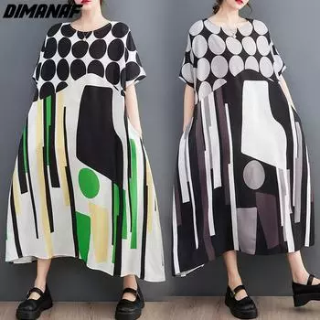 DIMANAF 2024 плюс размер летнее пляжное платье-рубашка женское повседневное модное свободное платье с принтом женские большие шифоновые платья