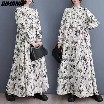 DIMANAF 2024 плюс размер летнее пляжное платье-рубашка женское новое свободное стильное платье с длинными рукавами повседневное модное платье с принтом