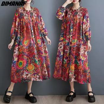 DIMANAF 2024 плюс размер летнее пляжное шифоновое платье женское свободное повседневное платье-рубашка с принтом женское элегантное длинное платье с круглым вырезом