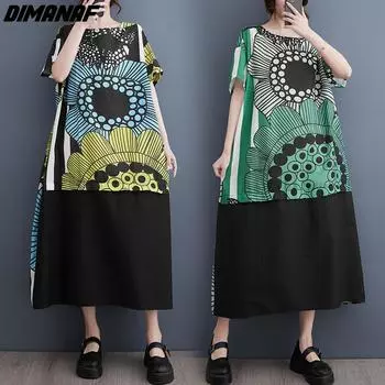 DIMANAF 2024 плюс размер летнее свободное платье-рубашка женское повседневное женское винтажное платье с круглым вырезом с принтом длинные платья