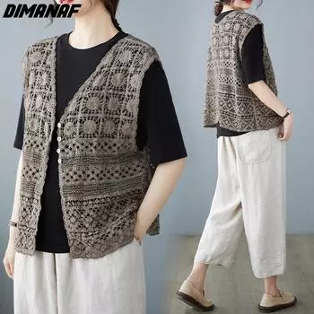 DIMANAF 2024 плюс размер, летний женский жилет без рукавов, модный повседневный базовый однотонный стильный свободный жилет большого размера, кружевной жилет с цветочным принтом