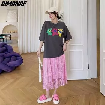 DIMANAF 2024 плюс размер, летняя мода, платье-рубашка, женское кружевное хлопковое платье с принтом, повседневное свободное плиссированное длинное платье