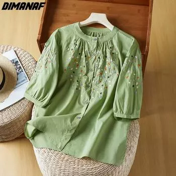 DIMANAF 2024 плюс размер, летняя новая блузка, рубашка в горошек с вышивкой, элегантная винтажная женская свободная повседневная тонкая рубашка, топы M белый