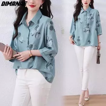 DIMANAF 2024 плюс размер, летняя новая женская блузка, рубашка с принтом, базовые женские винтажные свободные повседневные женские топы оверсайз