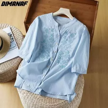 DIMANAF 2024 плюс размер, летняя новая женская блузка, рубашка с цветочной вышивкой, элегантные женские винтажные свободные повседневные тонкие топы большого размера M белый