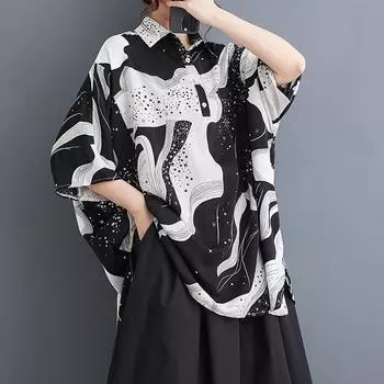 DIMANAF 2024 Плюс Размер Летняя Женская Футболка Свободная Повседневная Стильная Рубашка Летучая Мышь Топы Полосатая Блузка Рубашка Черный