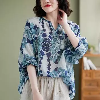 DIMANAF 2024 плюс размер новая летняя блузка с цветочным принтом женская свободная модная рубашка с коротким рукавом с v-образным вырезом повседневные топы футболки