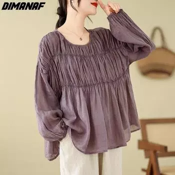DIMANAF 2024 плюс размер новая летняя блузка с длинным рукавом плиссированная однотонная винтажная женская свободная стильная повседневная рубашка футболки
