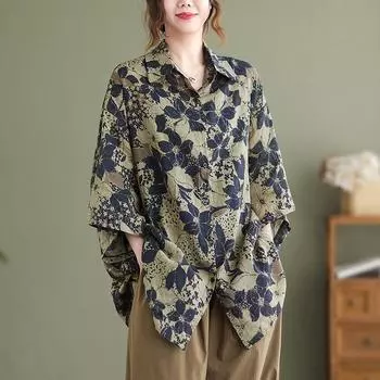 Dimanaf 2024 плюс размер новая летняя блузка из хлопка и льна модная рубашка женская повседневная рубашка с коротким рукавом с цветочным принтом свободные топы футболки