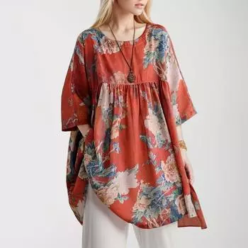 Dimanaf 2024 плюс размер новая летняя блузка с цветочным принтом и круглым вырезом модная футболка женская рубашка повседневные винтажные топы свободные футболки