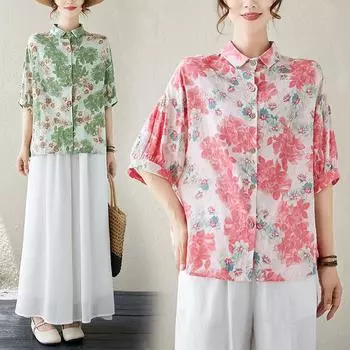 Dimanaf 2024 плюс размер новая летняя блузка из хлопка и льна модная рубашка женская свободная рубашка с коротким рукавом повседневные топы с цветочным принтом футболки