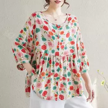 Dimanaf 2024 плюс размер, новая летняя блузка, льняная модная рубашка, женская рубашка с коротким рукавом, повседневные свободные топы с цветочным принтом, футболки