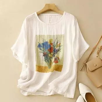 Dimanaf 2024 плюс размер, новая летняя модная футболка с цветочным узором, женская рубашка, повседневные винтажные топы, футболки, свободное белье