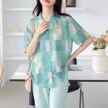 DIMANAF 2024 плюс размер, новая летняя рубашка с коротким рукавом, повседневная женская свободная винтажная шифоновая клетчатая рубашка, топы, футболки