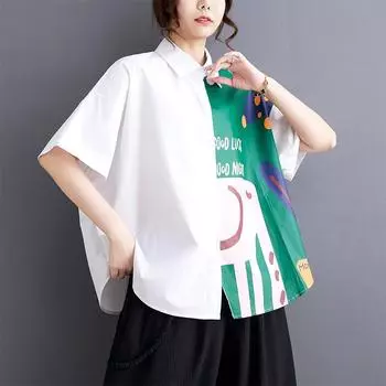 DIMANAF 2024 Плюс Размер Новая Летняя Стильная Блузка Винтаж Ретро Дизайн Белая Повседневная Рубашка С Коротким Рукавом Женская Свободная Рубашка Рубашка С Принтом One Size белый