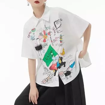 DIMANAF 2024 Плюс Размер Новая Летняя Стильная Блузка Винтаж Ретро Дизайн С Коротким Рукавом Красочный Принт Повседневная Рубашка Женская Свободная Рубашка Рубашка С Принтом One Size белый