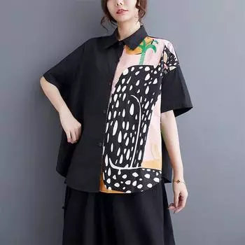 DIMANAF 2024 Плюс Размер Новая Летняя Стильная Блузка Винтаж Ретро Дизайн С Коротким Рукавом Повседневная Рубашка Женская Свободная Рубашка Рубашка с Геометрическим Принтом и Половиной Рукава One Size белый