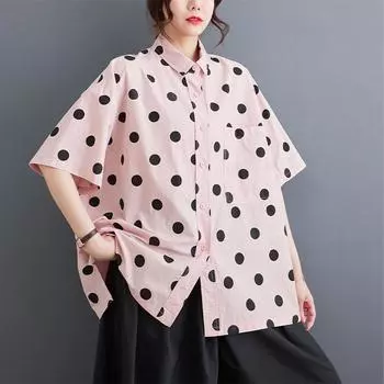 DIMANAF 2024 Плюс Размер Новая Летняя Стильная Блузка Винтажный Дизайн С Коротким Рукавом В Горошек Повседневная Рубашка Женская Розовая Свободная Рубашка Рубашка с Половиной Рукава