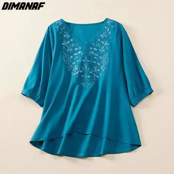 DIMANAF 2024 плюс размер, новая летняя женская блузка, рубашка с цветочной вышивкой, элегантные женские винтажные свободные повседневные тонкие топы оверсайз L белый