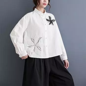 DIMANAF 2024 Плюс Размер Новая Весна. Стильная Блузка Винтаж Ретро Дизайн С Длинным Рукавом Цветочная Повседневная Рубашка Женская Свободная Рубашка Рубашка с Геометрическим Принтом